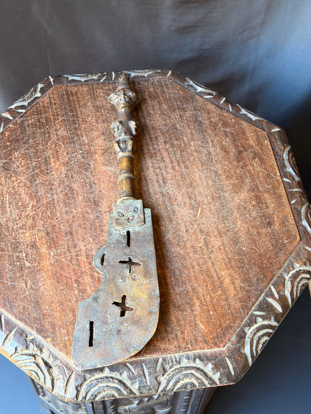 Vintage Fon Dahomey Bronze Ceremonial Knife Female Figure Pierced Blade 17"