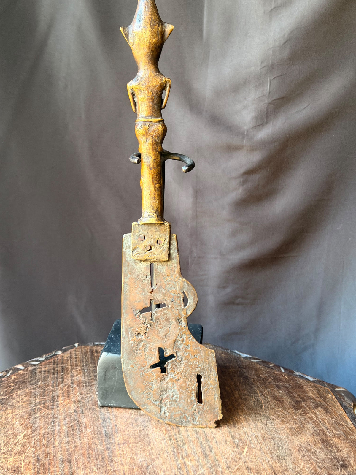 Vintage Fon Dahomey Bronze Ceremonial Knife Female Figure Pierced Blade 17"