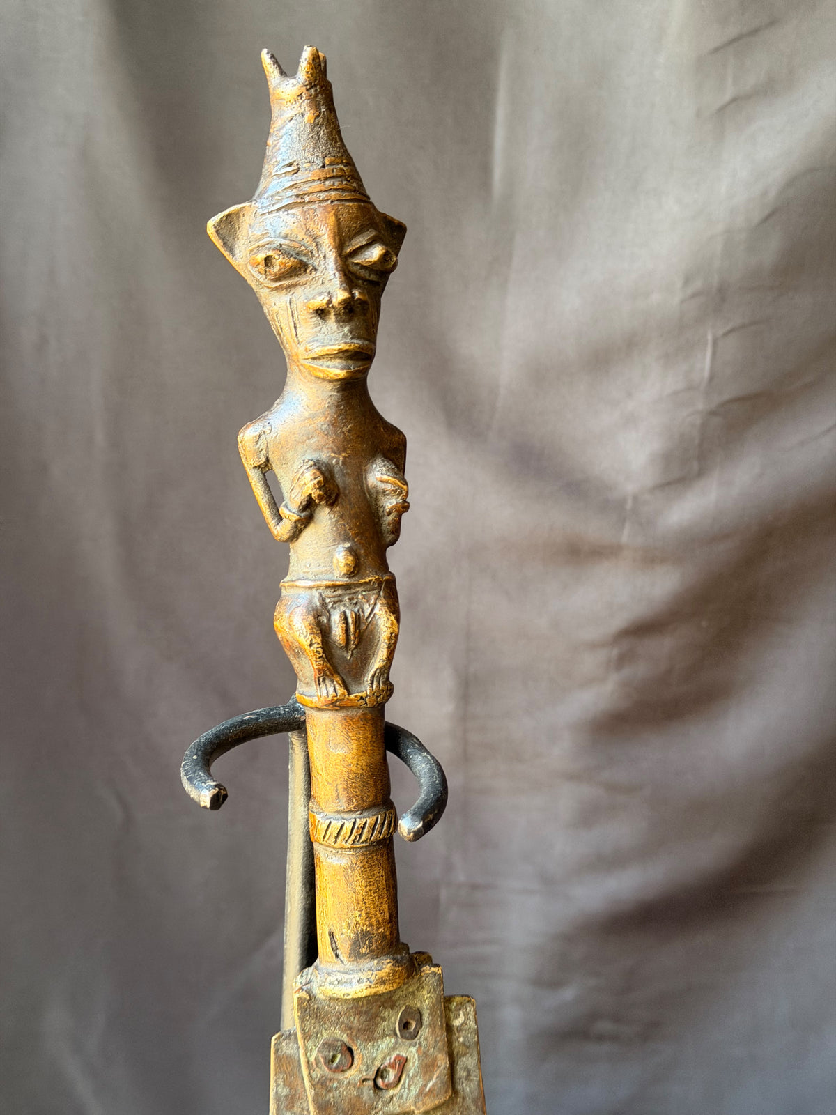 Vintage Fon Dahomey Bronze Ceremonial Knife Female Figure Pierced Blade 17"