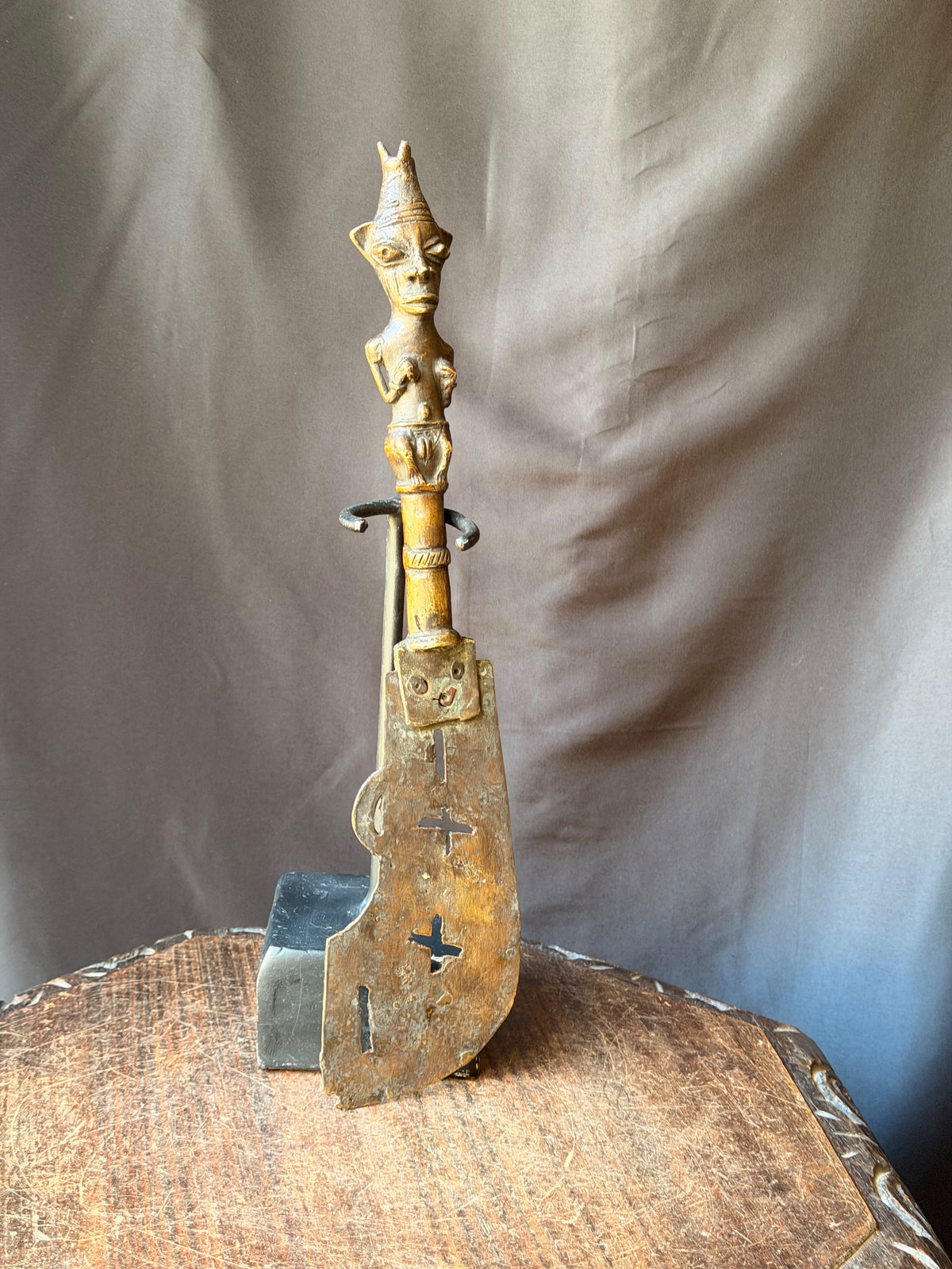 Vintage Fon Dahomey Bronze Ceremonial Knife Female Figure Pierced Blade 17"