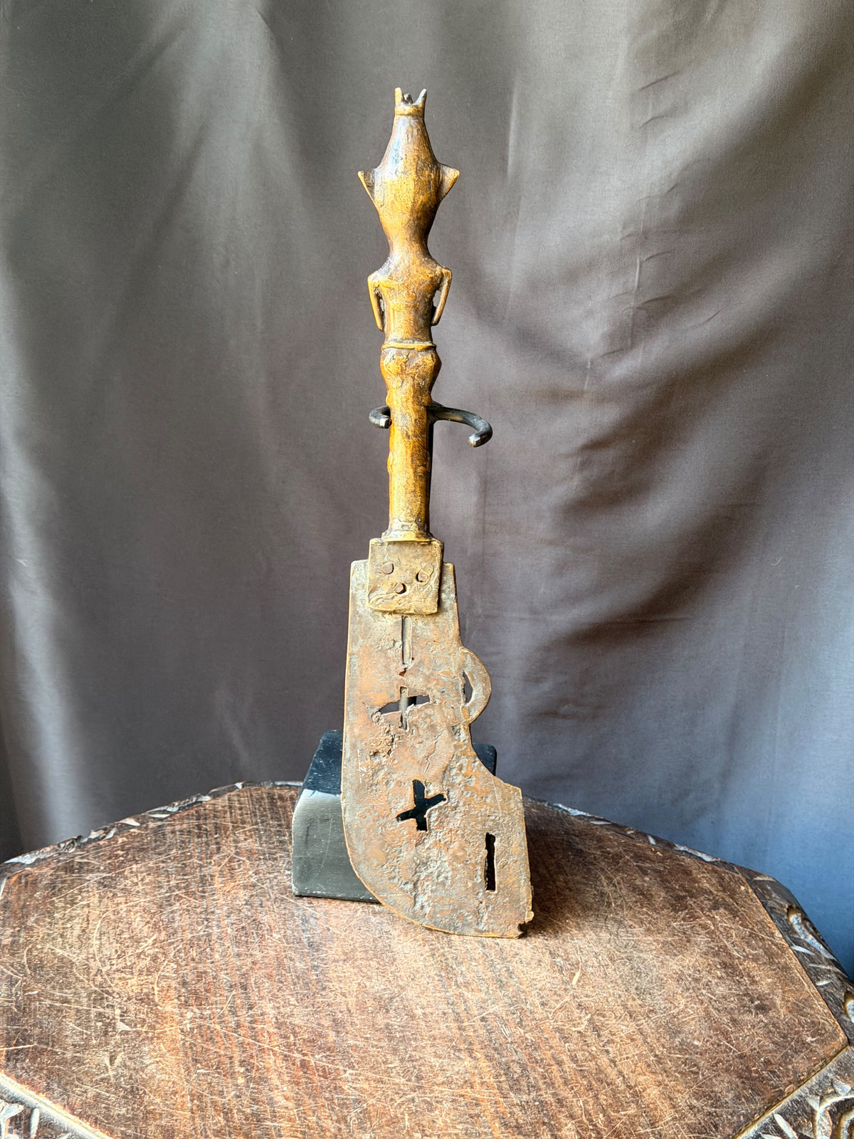 Vintage Fon Dahomey Bronze Ceremonial Knife Female Figure Pierced Blade 17"