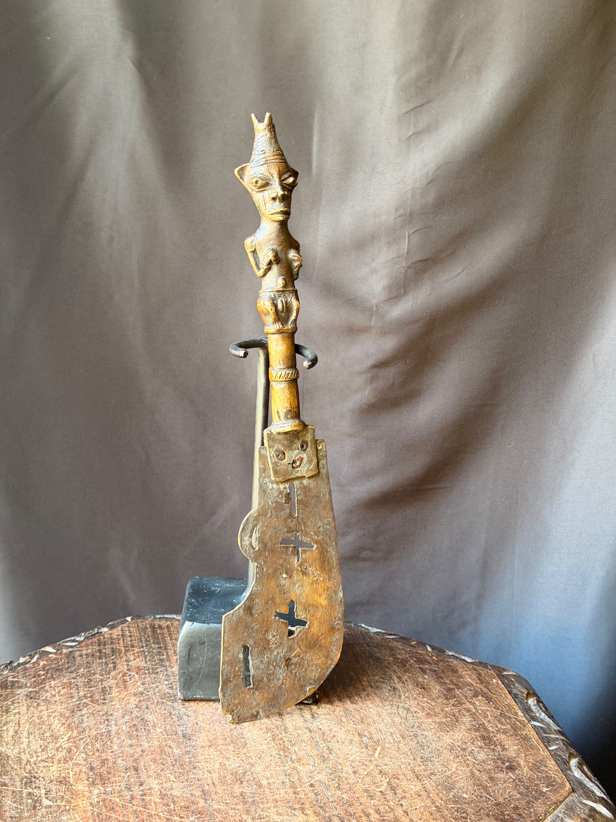 Vintage Fon Dahomey Bronze Ceremonial Knife Female Figure Pierced Blade 17"