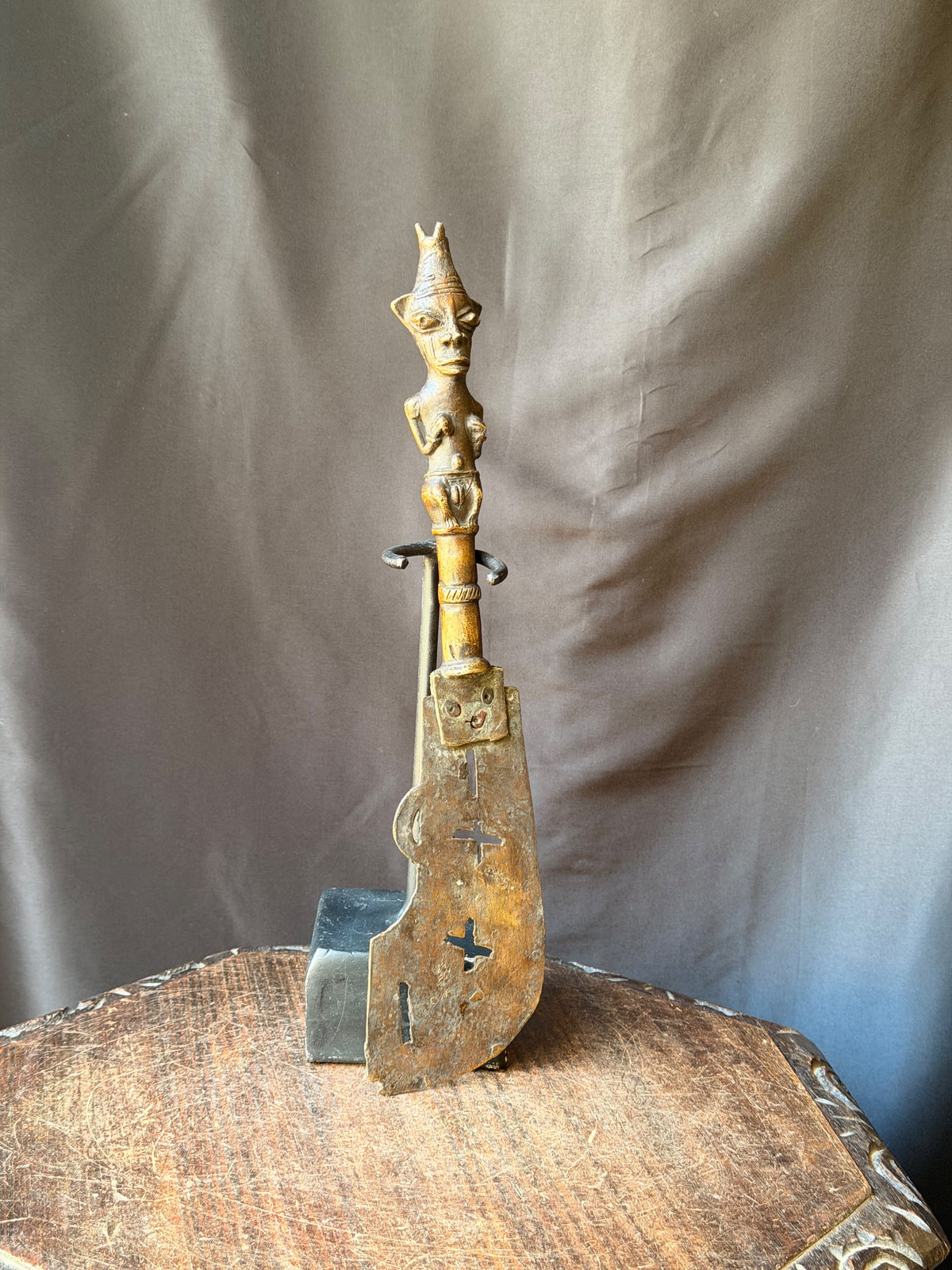 Vintage Fon Dahomey Bronze Ceremonial Knife Female Figure Pierced Blade 17"