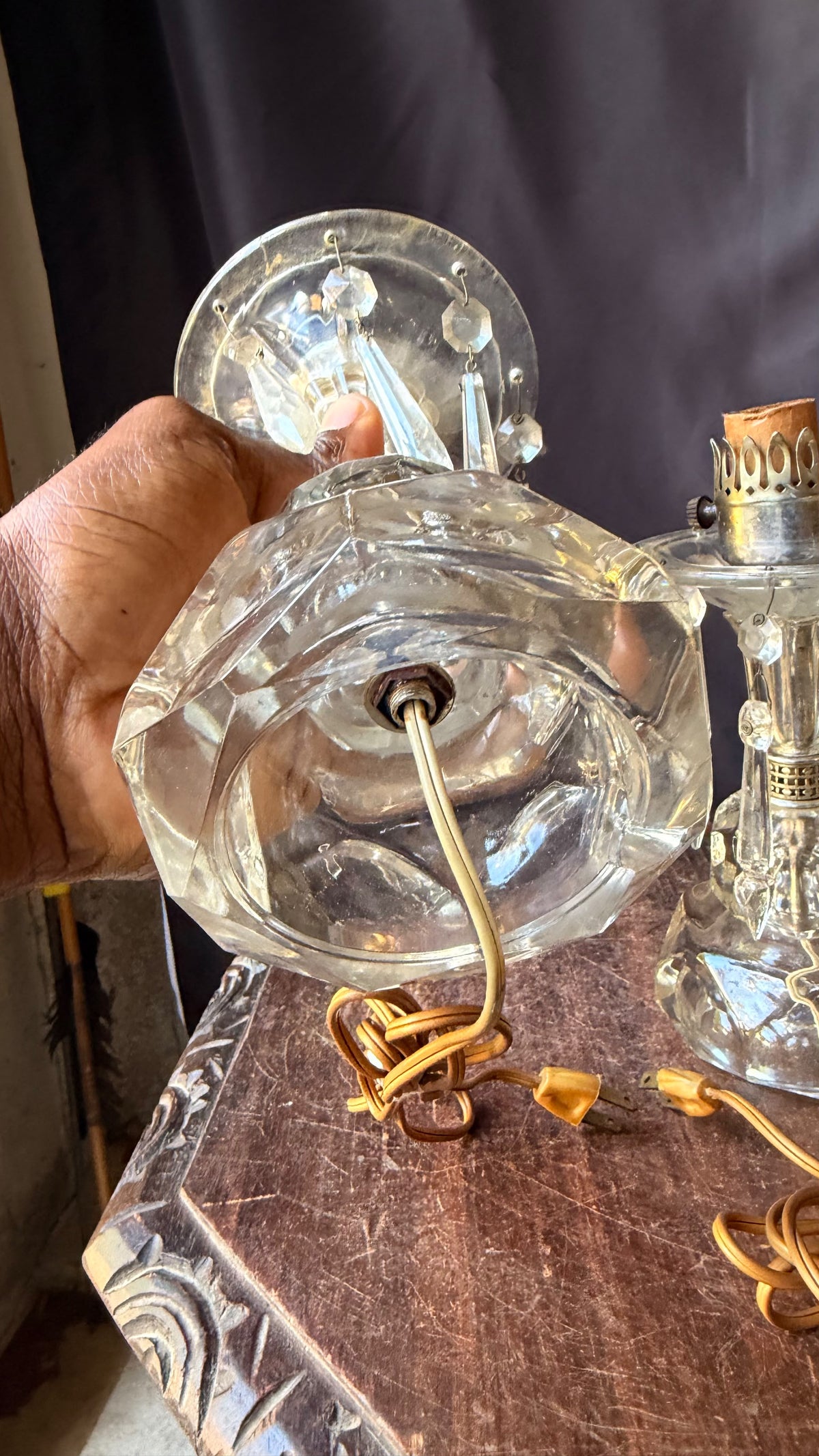 Vintage Pair Clear Glass Boudoir Lamps Hanging Prisms Octagonal Working 9.5"