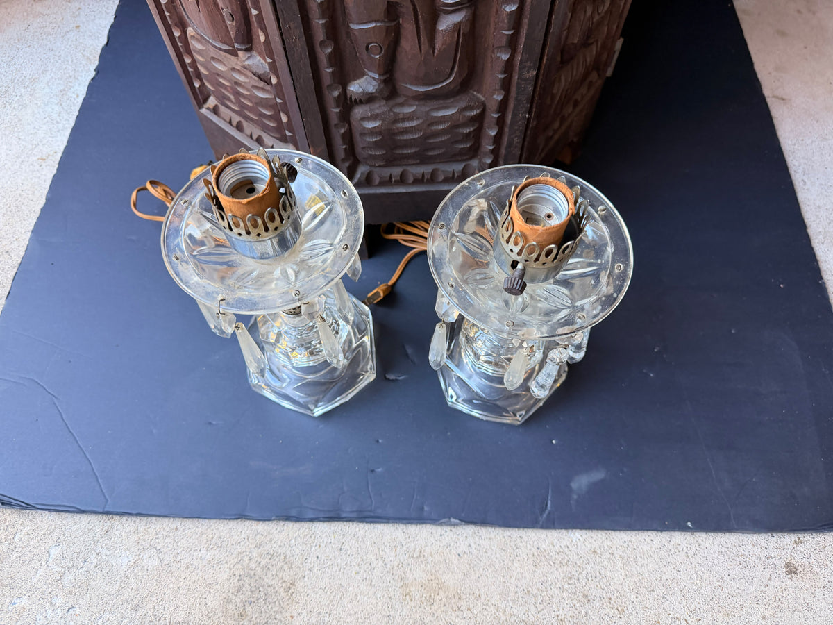 Vintage Pair Clear Glass Boudoir Lamps Hanging Prisms Octagonal Working 9.5"