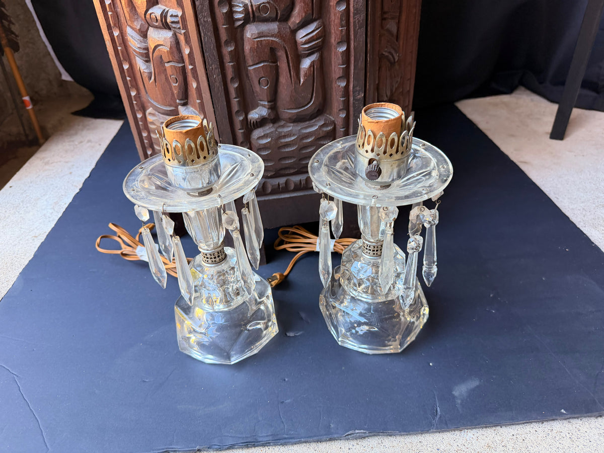 Vintage Pair Clear Glass Boudoir Lamps Hanging Prisms Octagonal Working 9.5"
