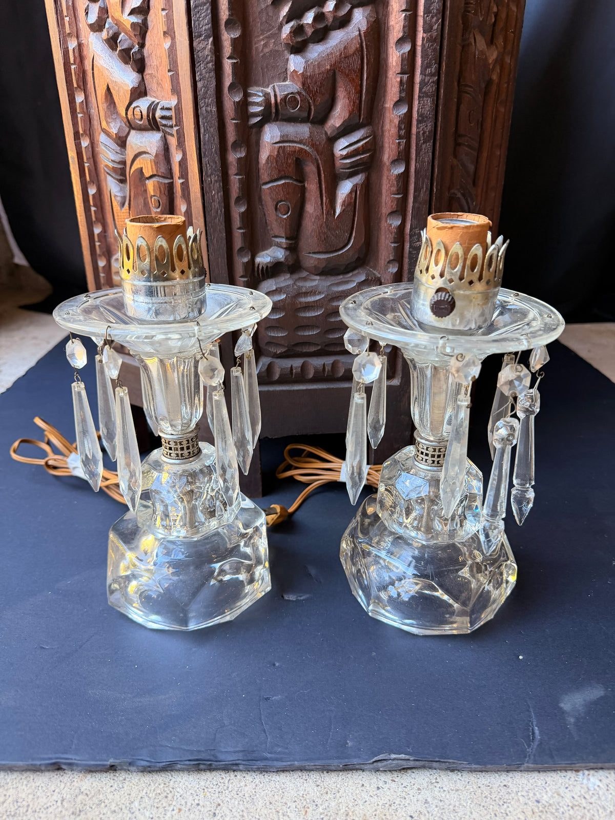 Vintage Pair Clear Glass Boudoir Lamps Hanging Prisms Octagonal Working 9.5"