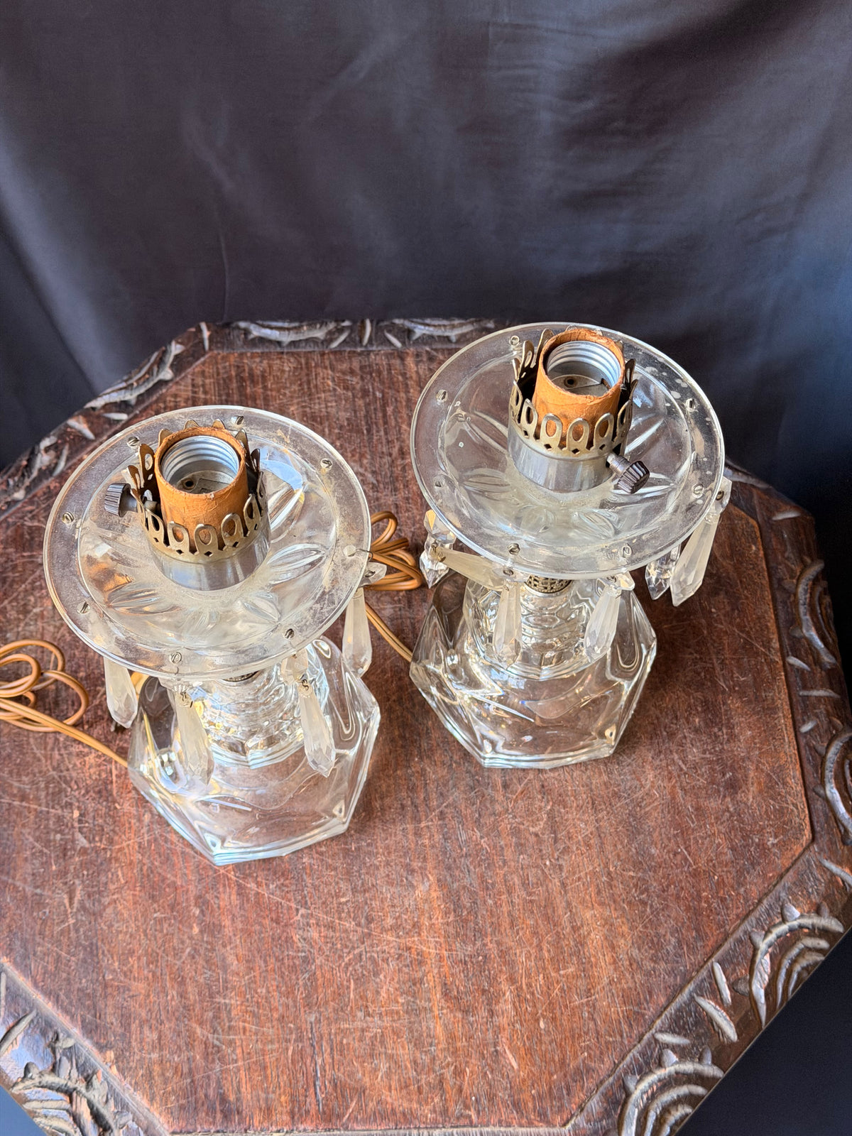 Vintage Pair Clear Glass Boudoir Lamps Hanging Prisms Octagonal Working 9.5"