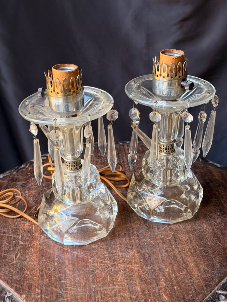 Vintage Pair Clear Glass Boudoir Lamps Hanging Prisms Octagonal Working 9.5"