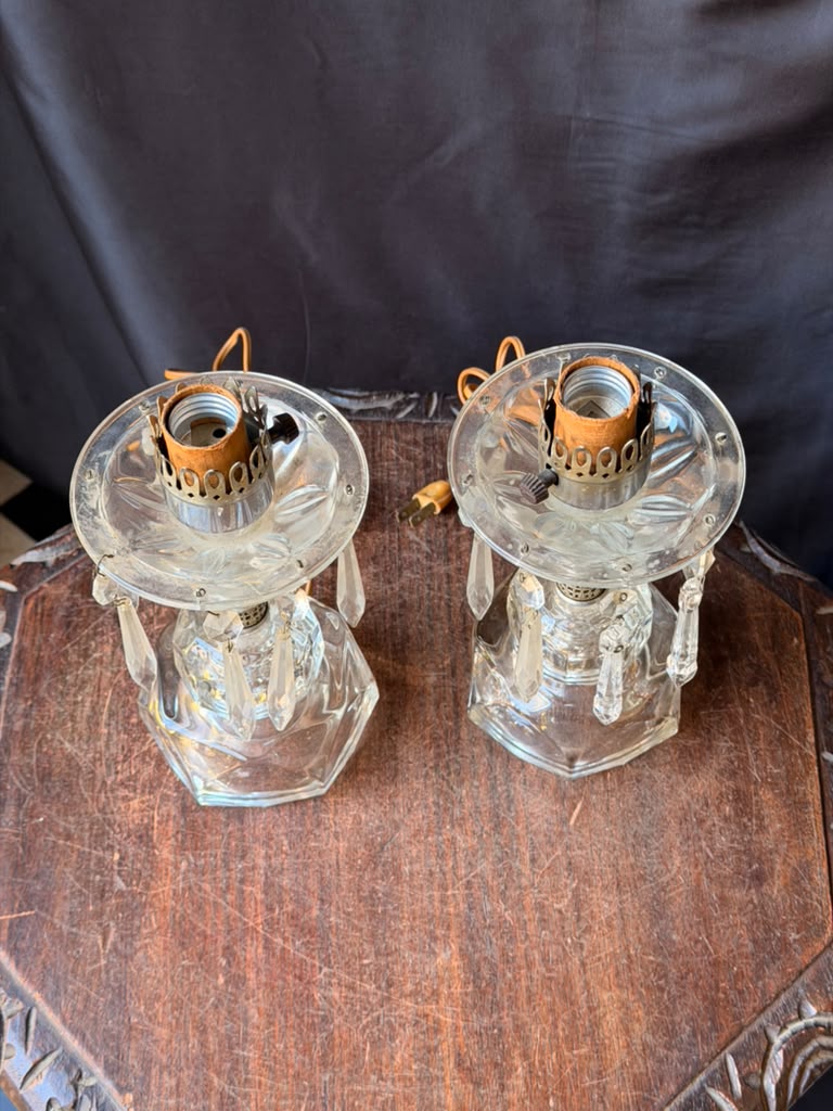 Vintage Pair Clear Glass Boudoir Lamps Hanging Prisms Octagonal Working 9.5"