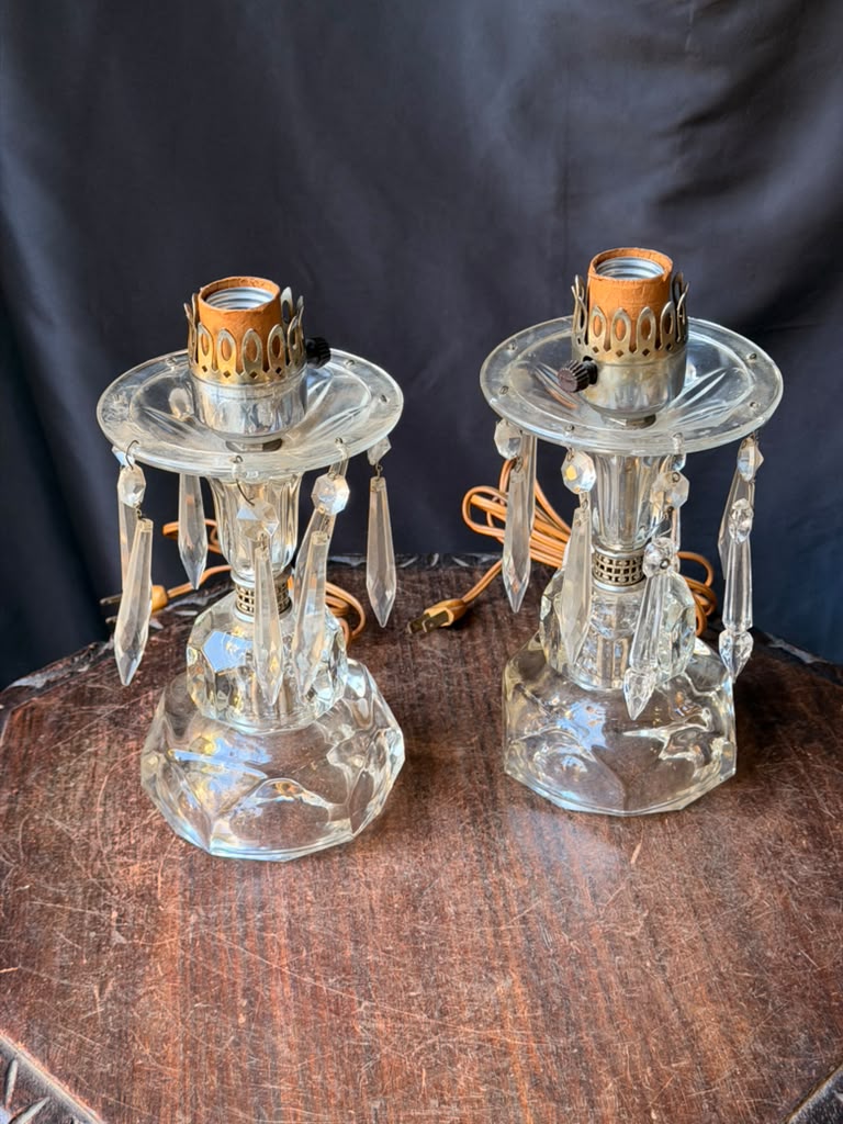 Vintage Pair Clear Glass Boudoir Lamps Hanging Prisms Octagonal Working 9.5"