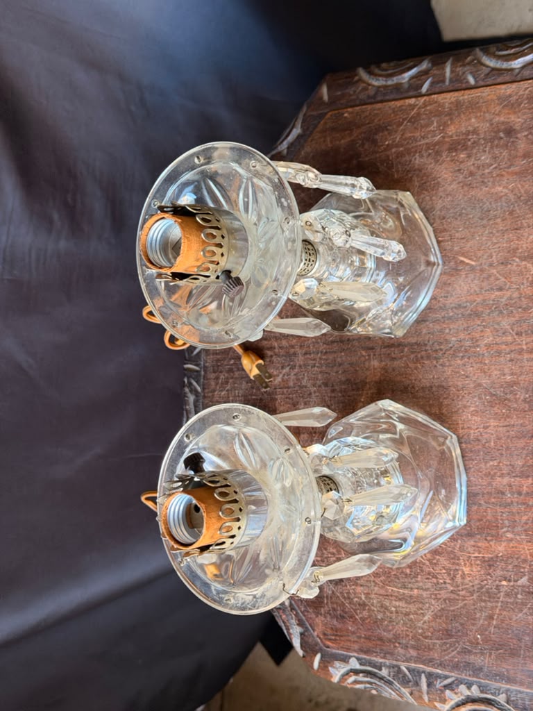 Vintage Pair Clear Glass Boudoir Lamps Hanging Prisms Octagonal Working 9.5"