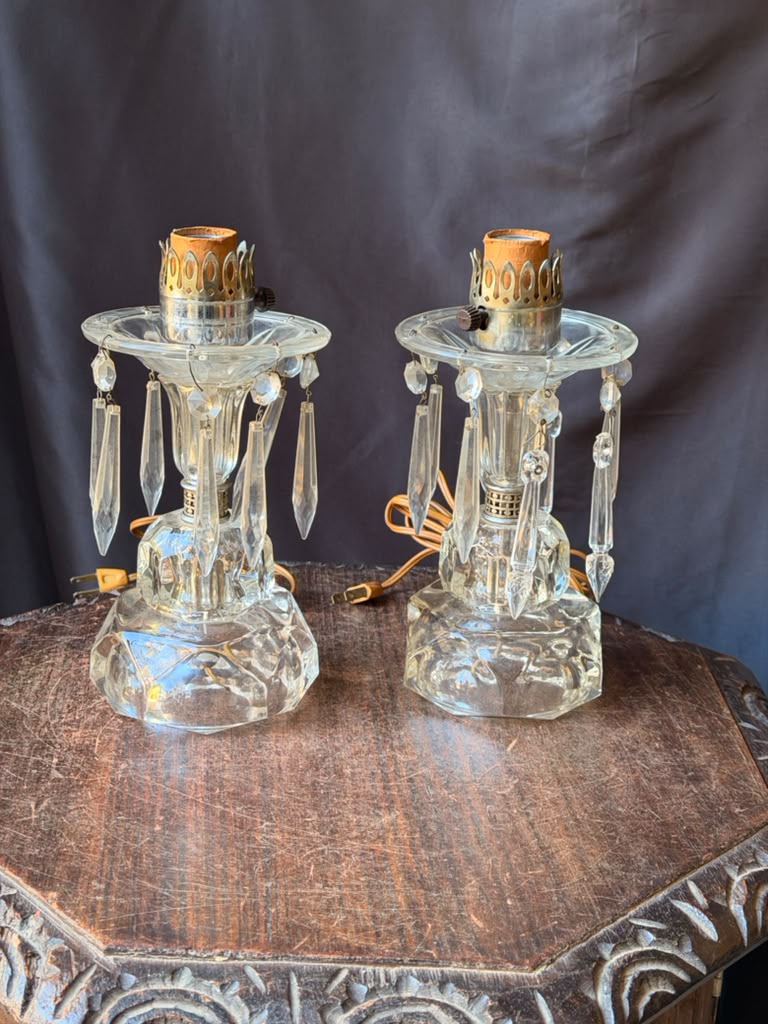 Vintage Pair Clear Glass Boudoir Lamps Hanging Prisms Octagonal Working 9.5"