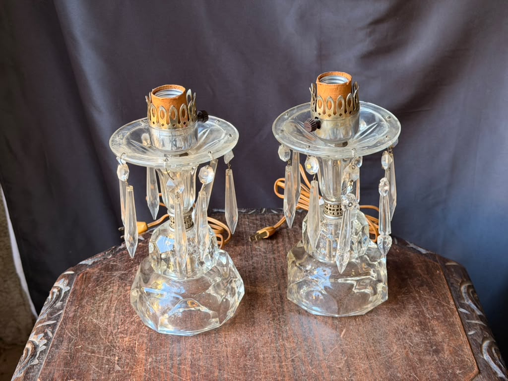 Vintage Pair Clear Glass Boudoir Lamps Hanging Prisms Octagonal Working 9.5"