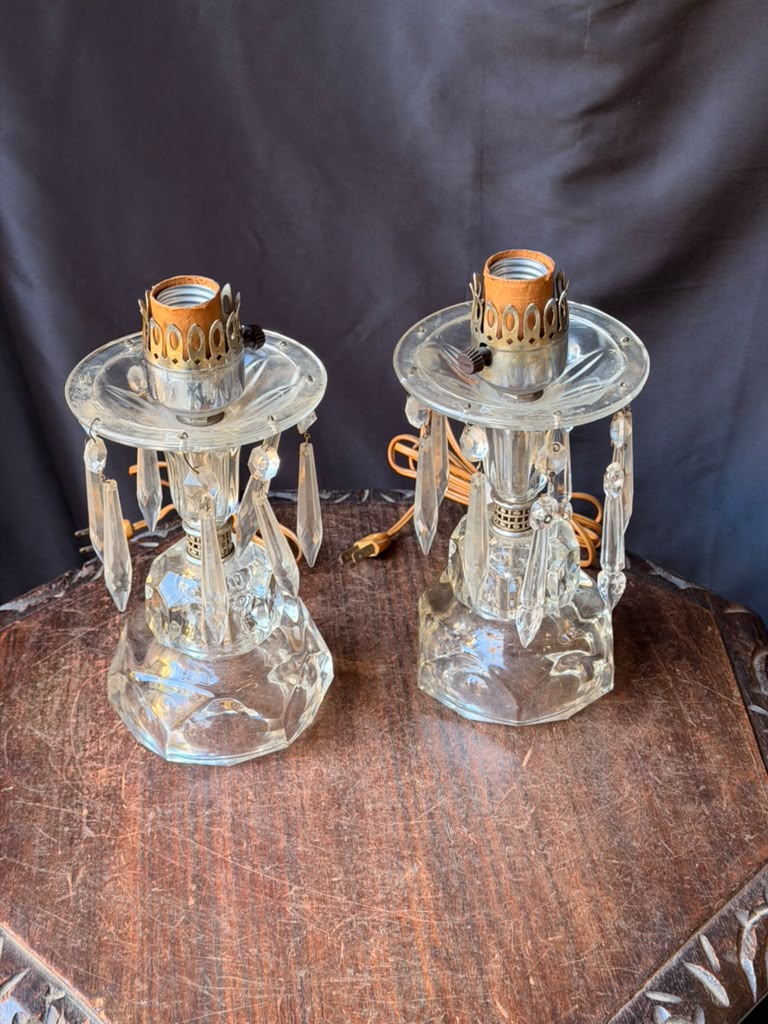 Vintage Pair Clear Glass Boudoir Lamps Hanging Prisms Octagonal Working 9.5"