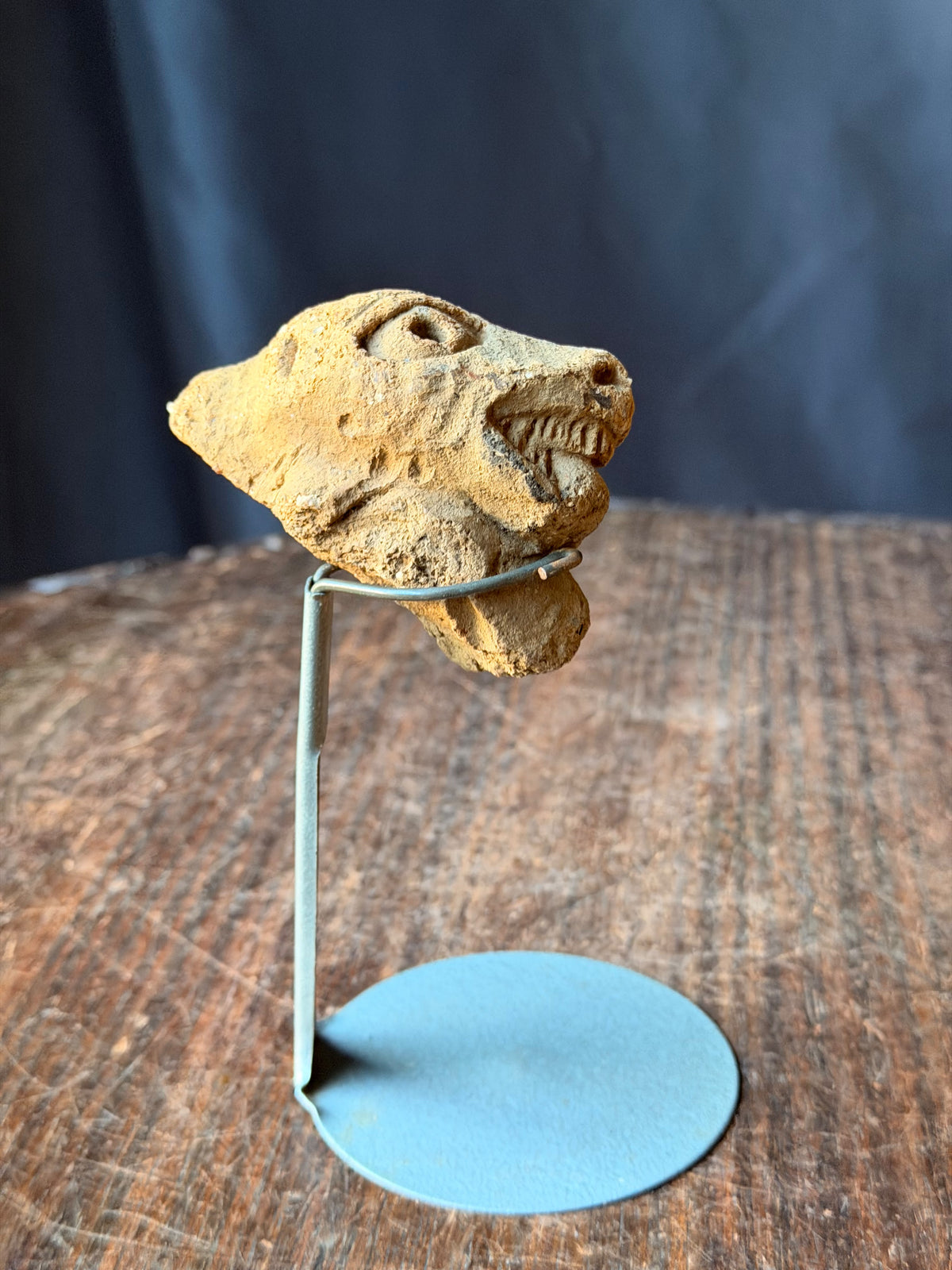 Nok Terracotta Dog Head Bared Teeth on Stand Ex Barnes 3in - Age Untested