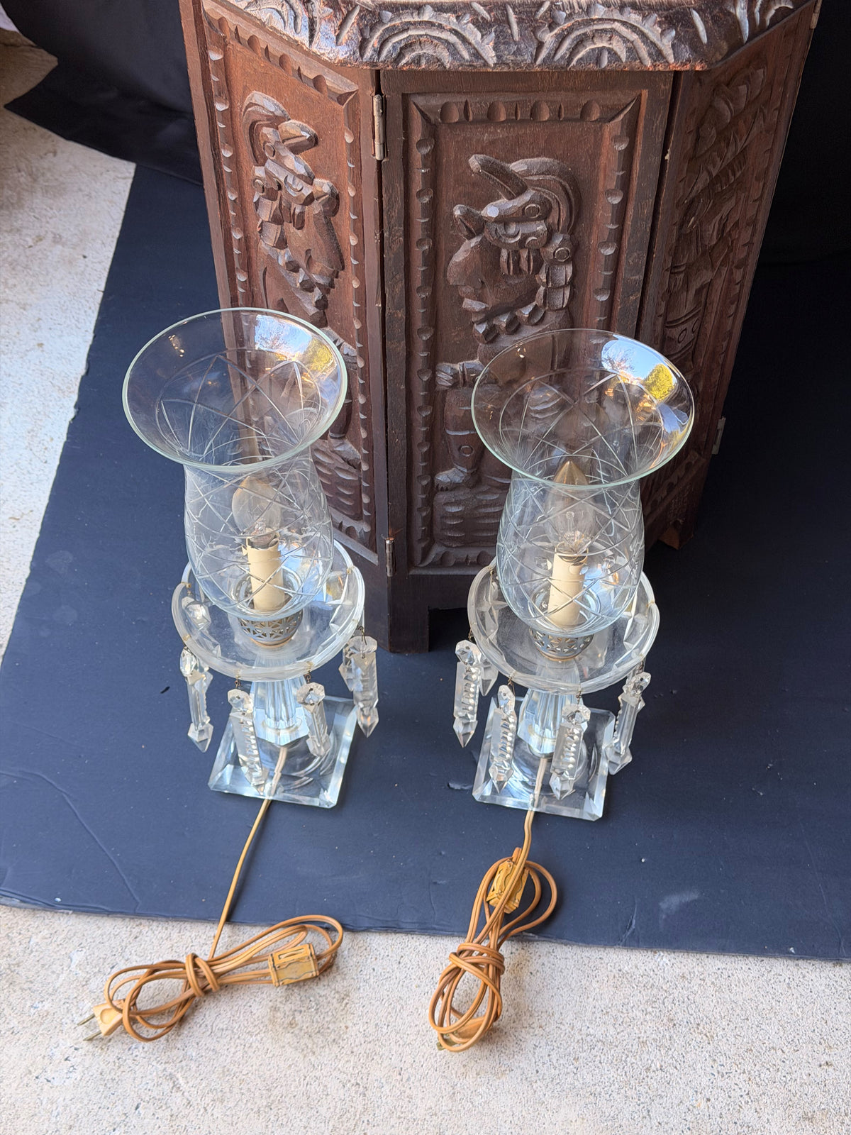 Pair Vintage Cut Crystal Hurricane Mantel Lamps Etched Shades Prisms 15in