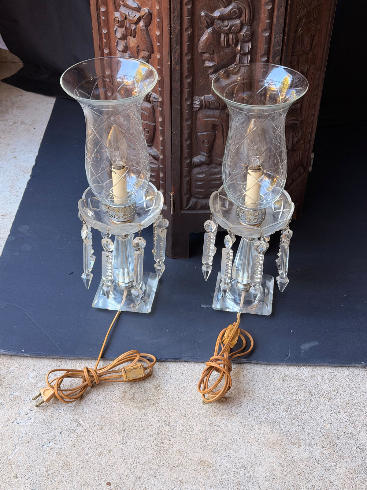 Pair Vintage Cut Crystal Hurricane Mantel Lamps Etched Shades Prisms 15in