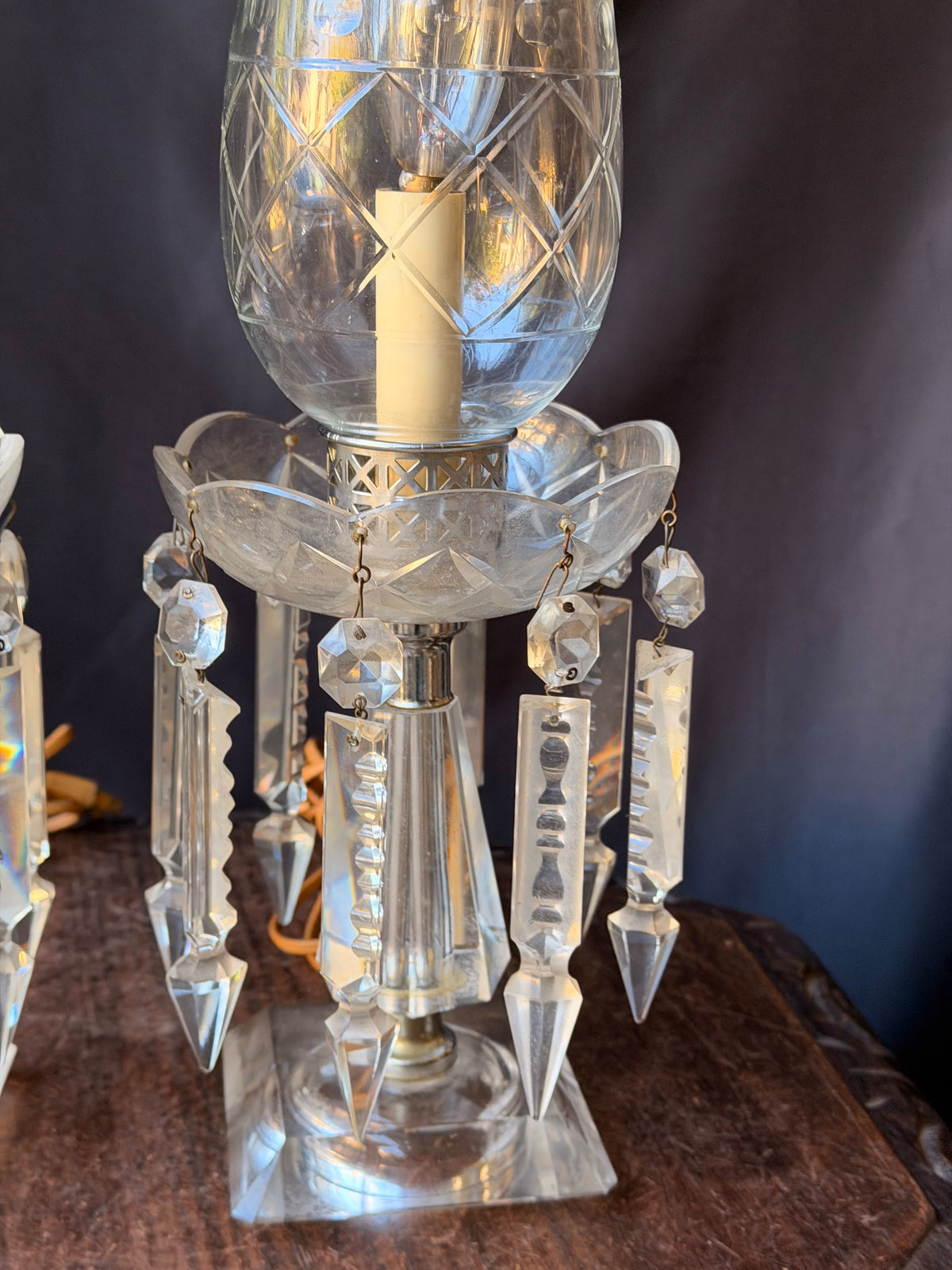 Pair Vintage Cut Crystal Hurricane Mantel Lamps Etched Shades Prisms 15in