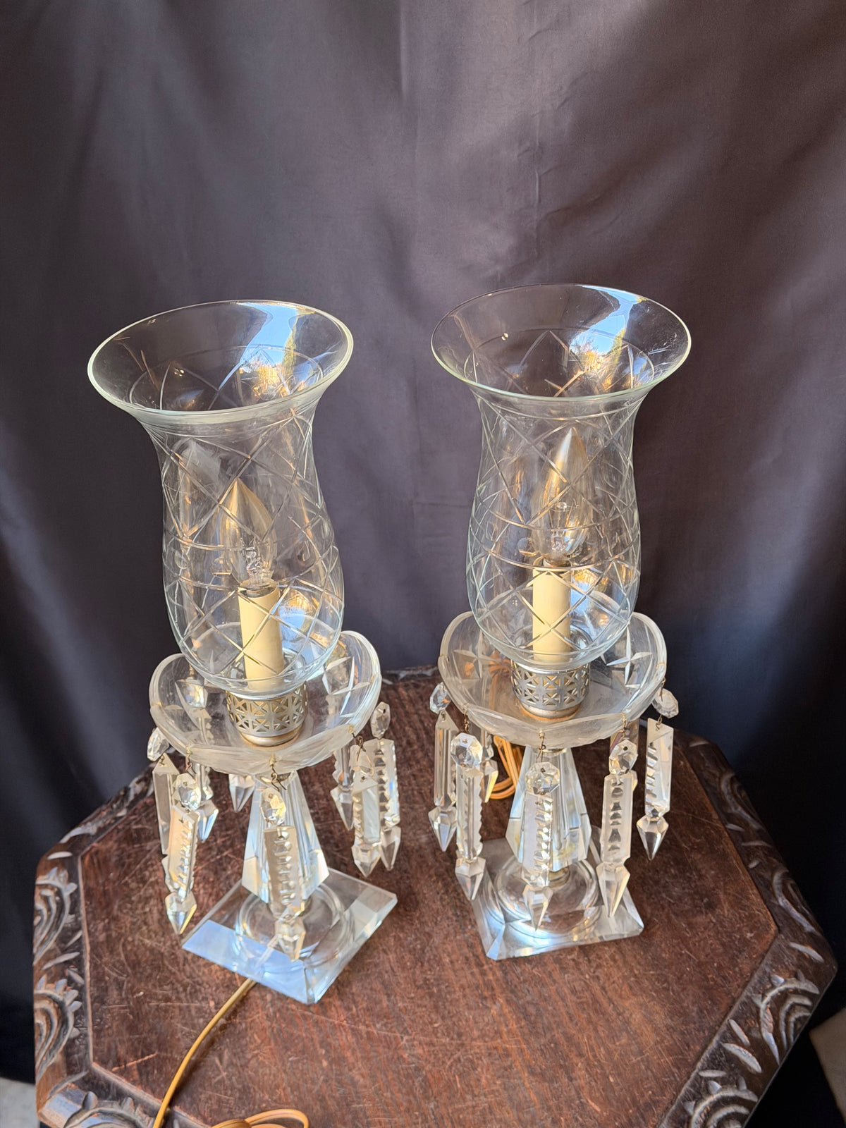 Pair Vintage Cut Crystal Hurricane Mantel Lamps Etched Shades Prisms 15in