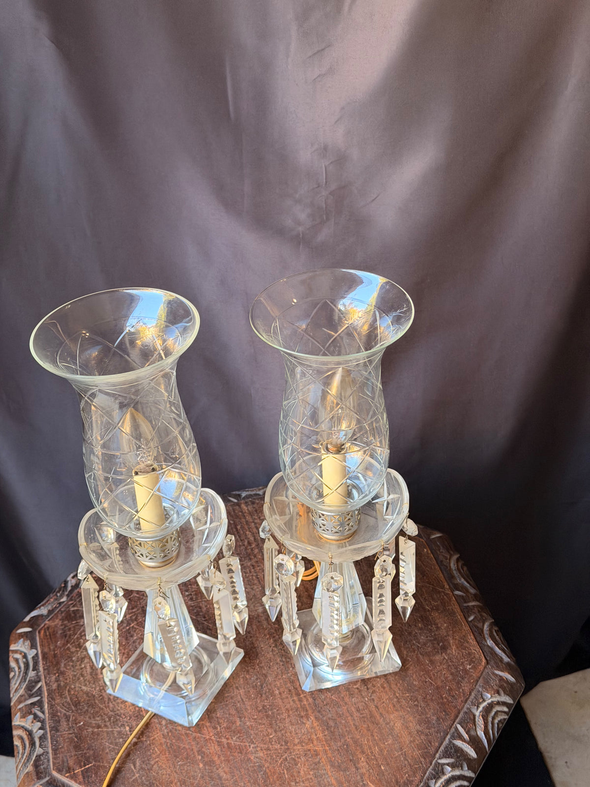 Pair Vintage Cut Crystal Hurricane Mantel Lamps Etched Shades Prisms 15in