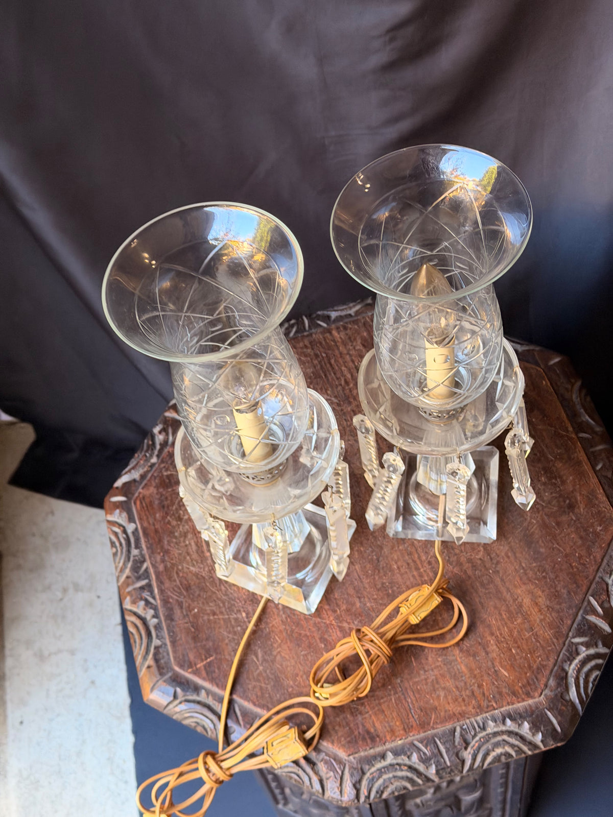 Pair Vintage Cut Crystal Hurricane Mantel Lamps Etched Shades Prisms 15in