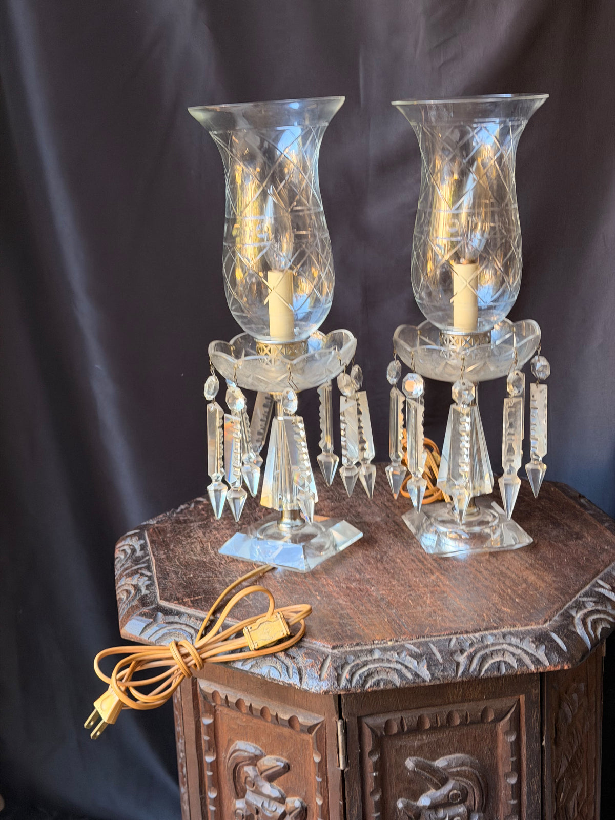 Pair Vintage Cut Crystal Hurricane Mantel Lamps Etched Shades Prisms 15in