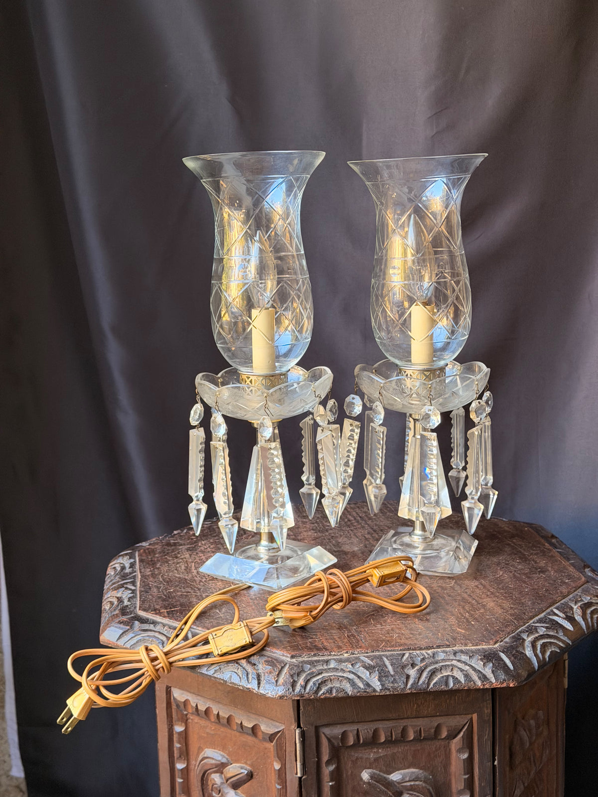 Pair Vintage Cut Crystal Hurricane Mantel Lamps Etched Shades Prisms 15in