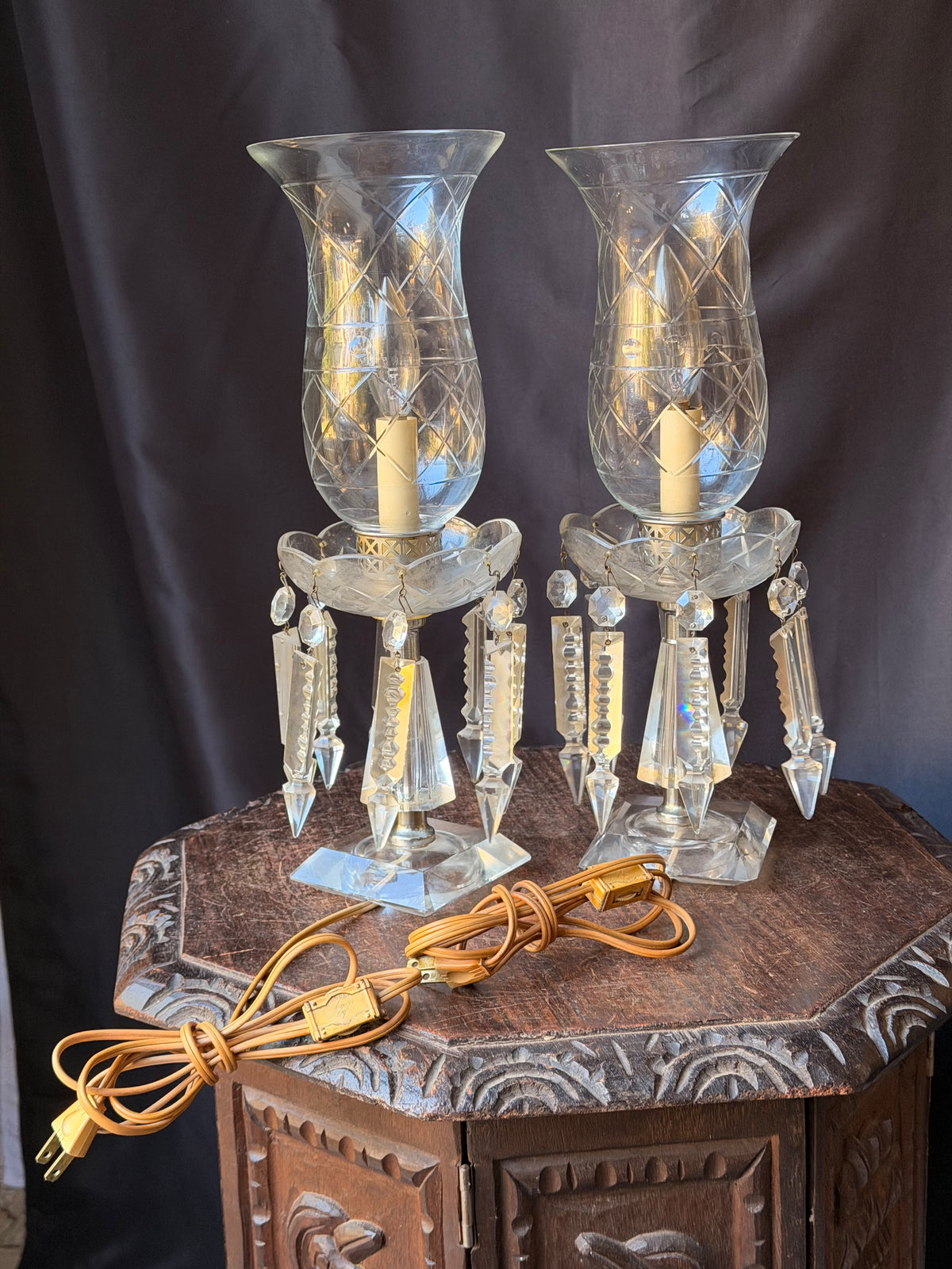 Pair Vintage Cut Crystal Hurricane Mantel Lamps Etched Shades Prisms 15in