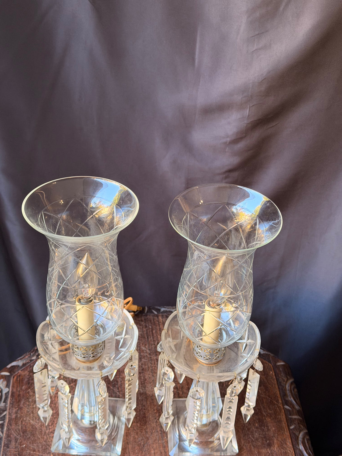 Pair Vintage Cut Crystal Hurricane Mantel Lamps Etched Shades Prisms 15in