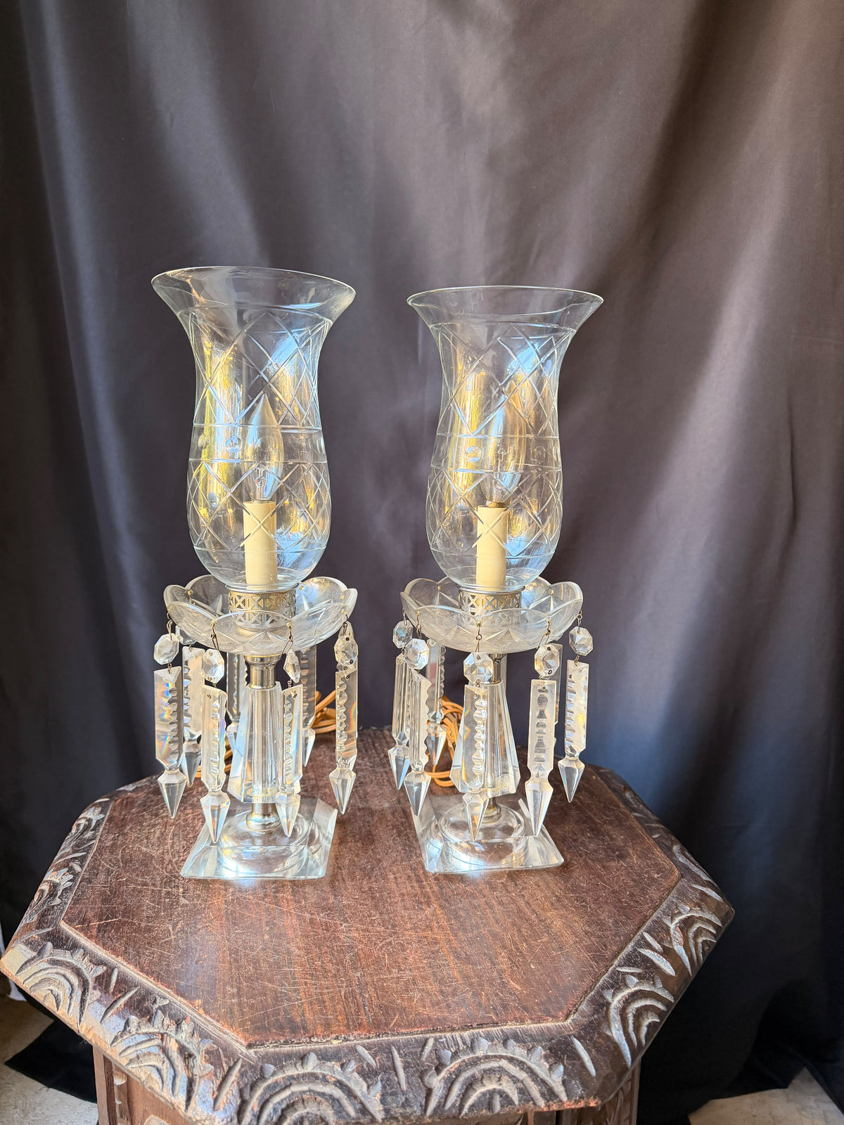 Pair Vintage Cut Crystal Hurricane Mantel Lamps Etched Shades Prisms 15in