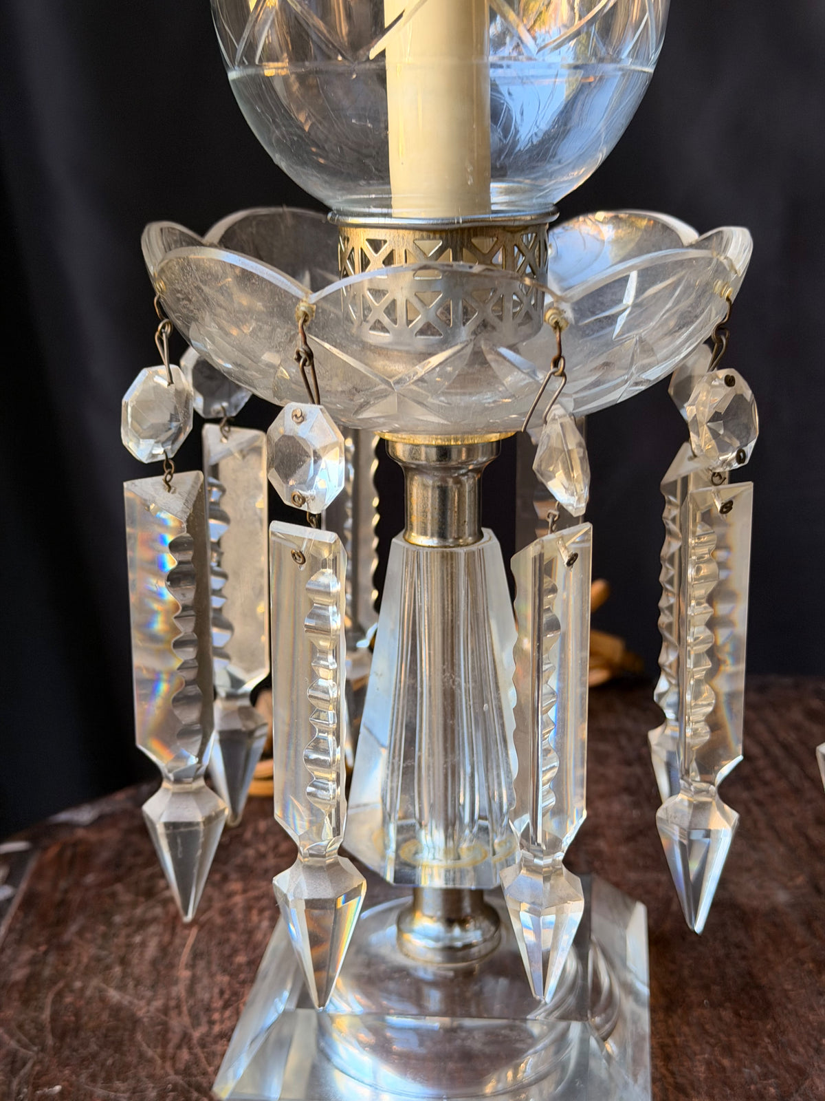 Pair Vintage Cut Crystal Hurricane Mantel Lamps Etched Shades Prisms 15in