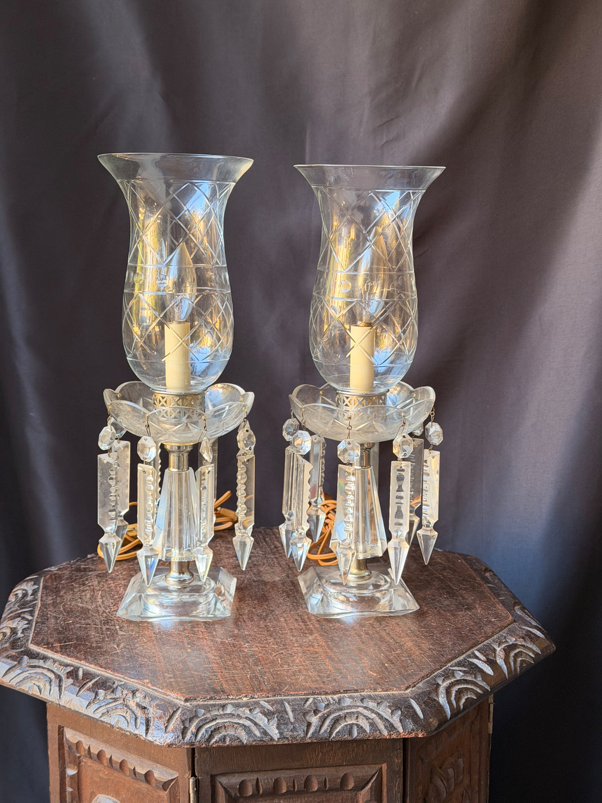 Pair Vintage Cut Crystal Hurricane Mantel Lamps Etched Shades Prisms 15in
