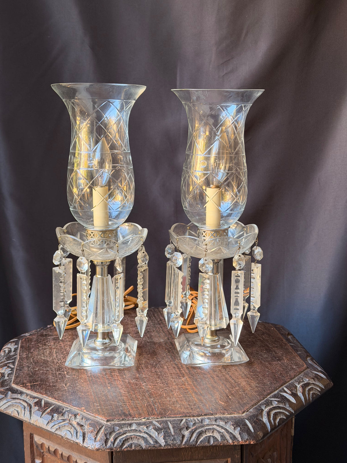 Pair Vintage Cut Crystal Hurricane Mantel Lamps Etched Shades Prisms 15in
