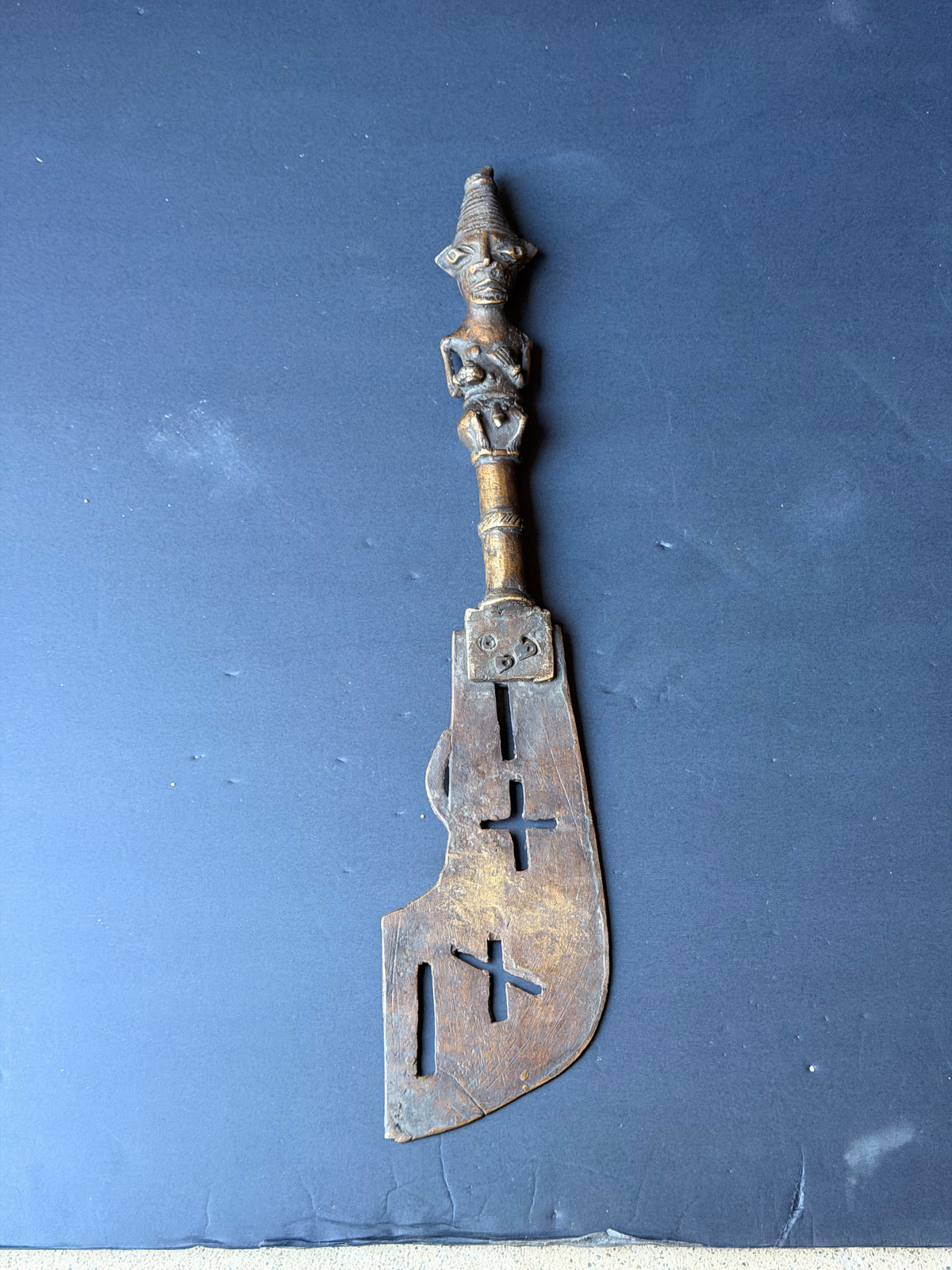 Vintage Yoruba Ogboni Bronze Ceremonial Axe Male Figure Handle Nigeria 18"