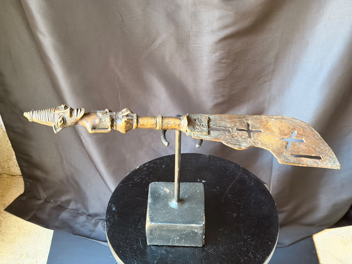Vintage Yoruba Ogboni Bronze Ceremonial Axe Male Figure Handle Nigeria 18"
