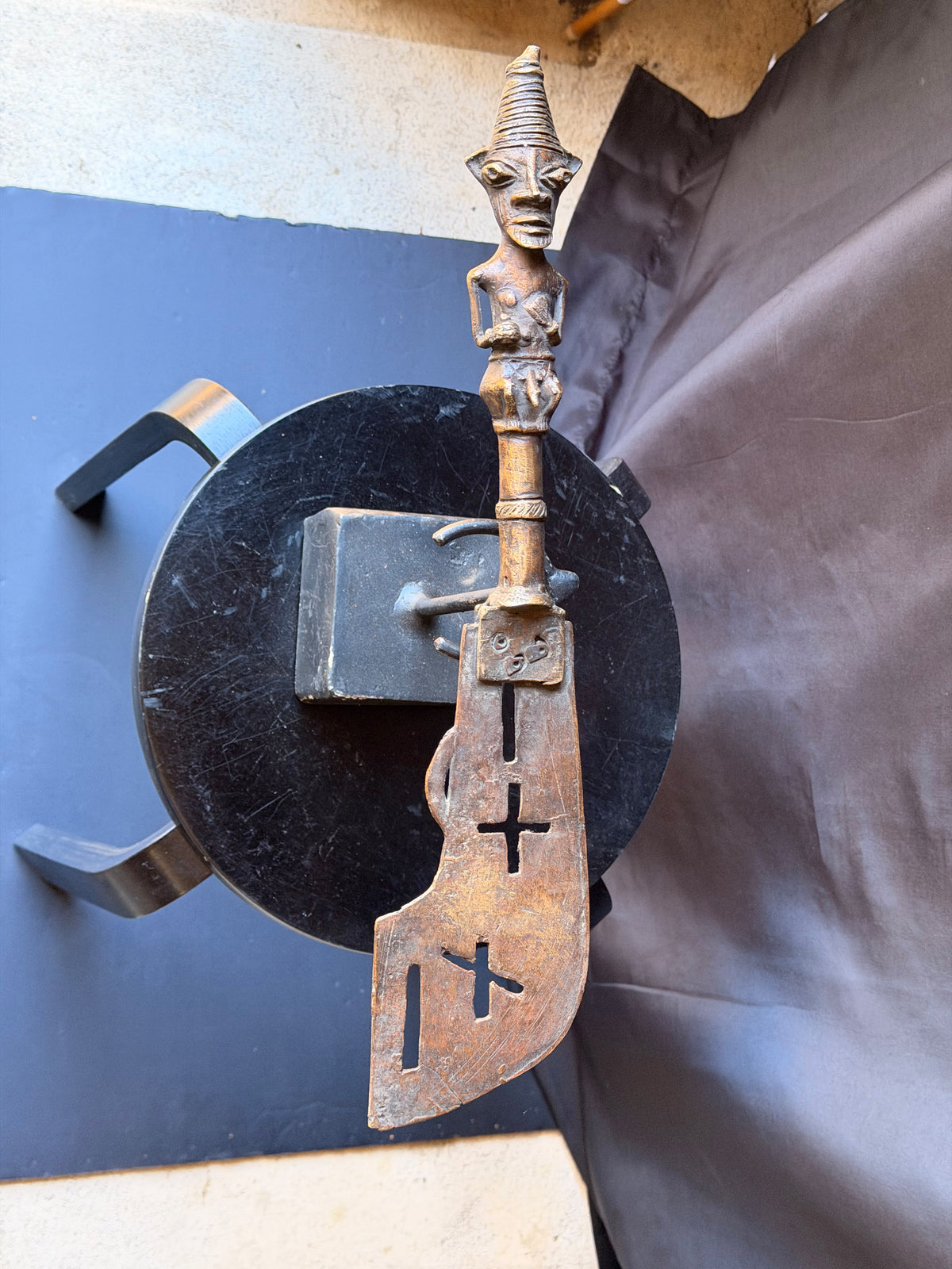 Vintage Yoruba Ogboni Bronze Ceremonial Axe Male Figure Handle Nigeria 18"