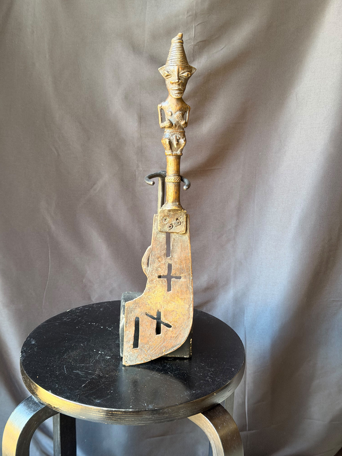 Vintage Yoruba Ogboni Bronze Ceremonial Axe Male Figure Handle Nigeria 18"