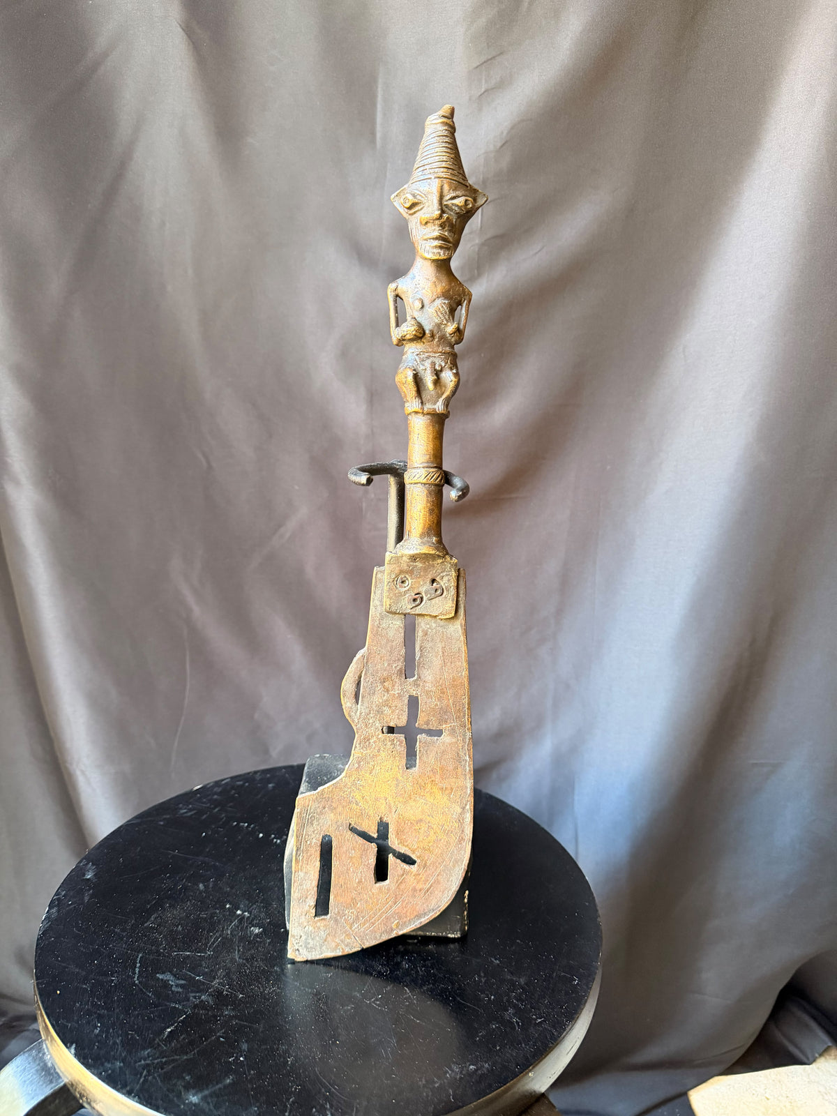Vintage Yoruba Ogboni Bronze Ceremonial Axe Male Figure Handle Nigeria 18"