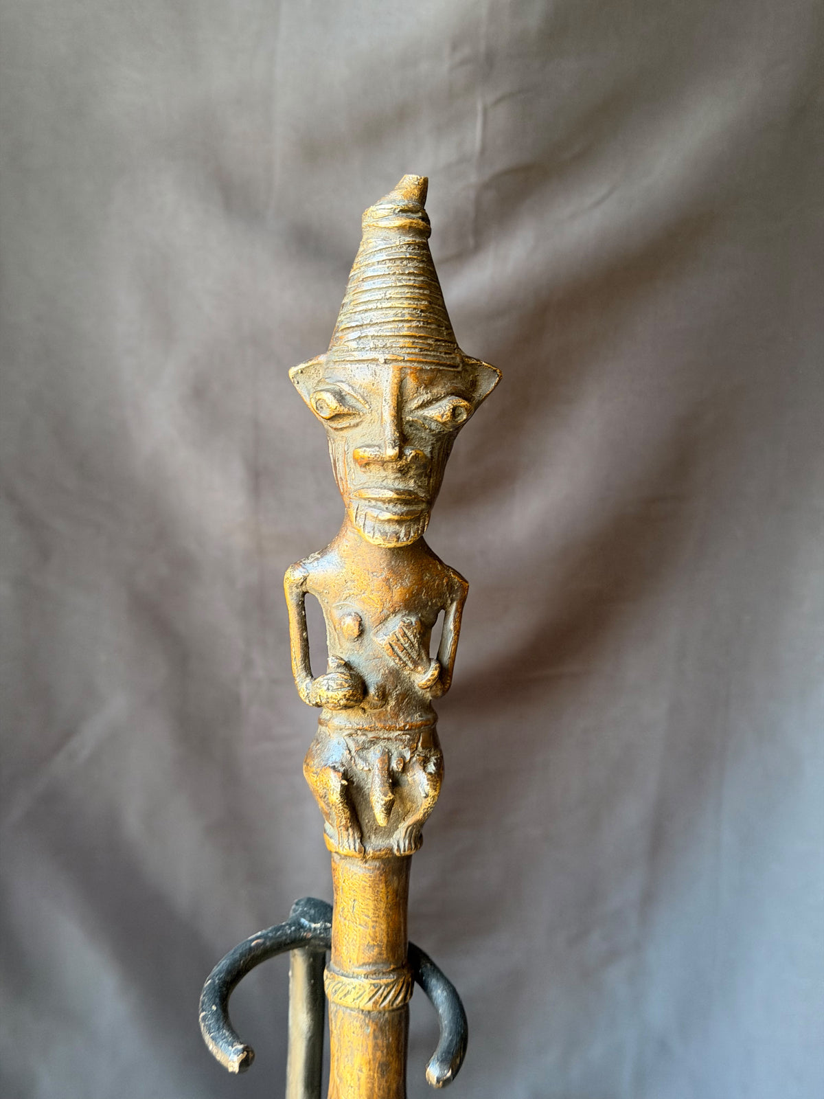 Vintage Yoruba Ogboni Bronze Ceremonial Axe Male Figure Handle Nigeria 18"