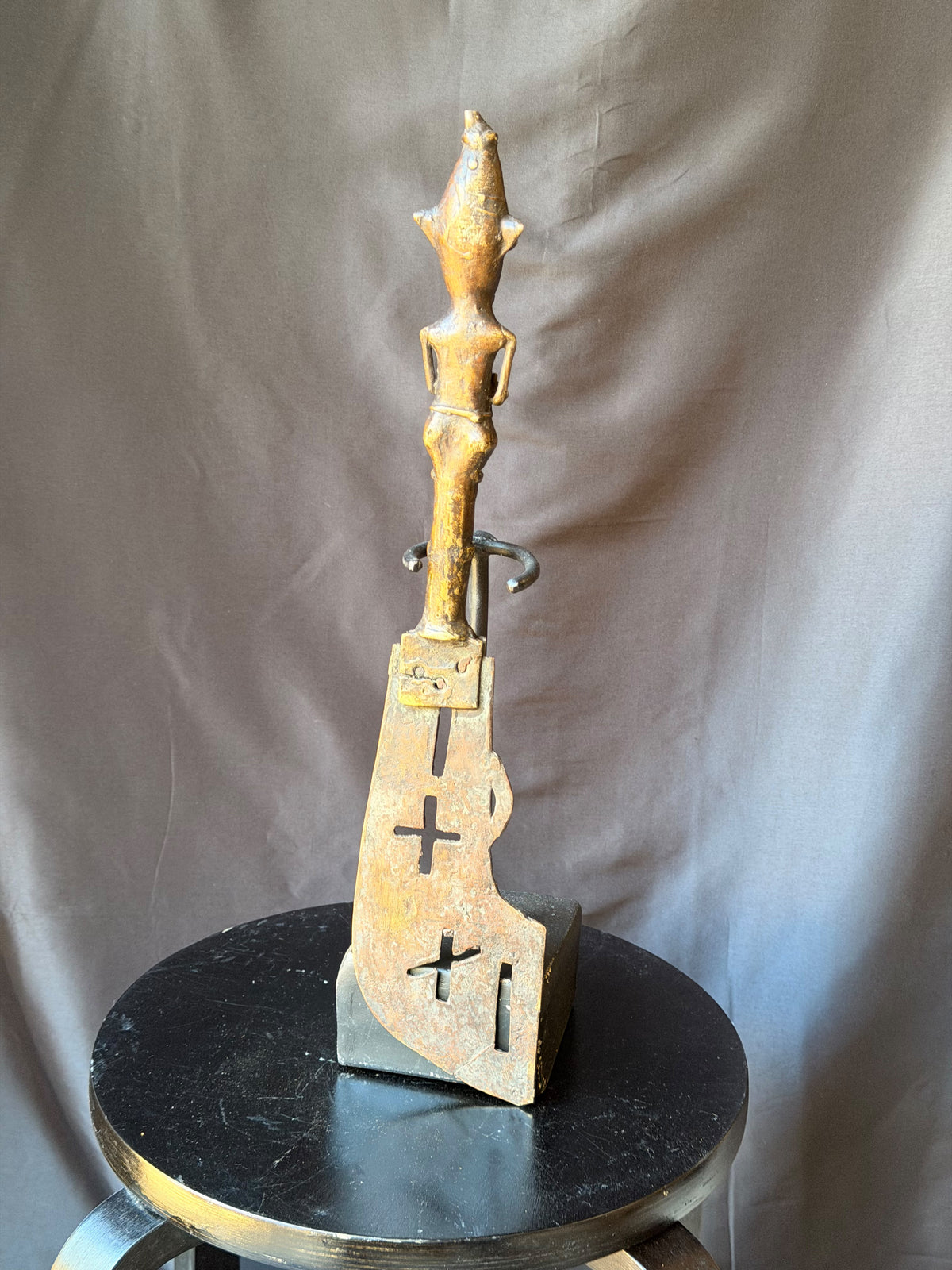Vintage Yoruba Ogboni Bronze Ceremonial Axe Male Figure Handle Nigeria 18"