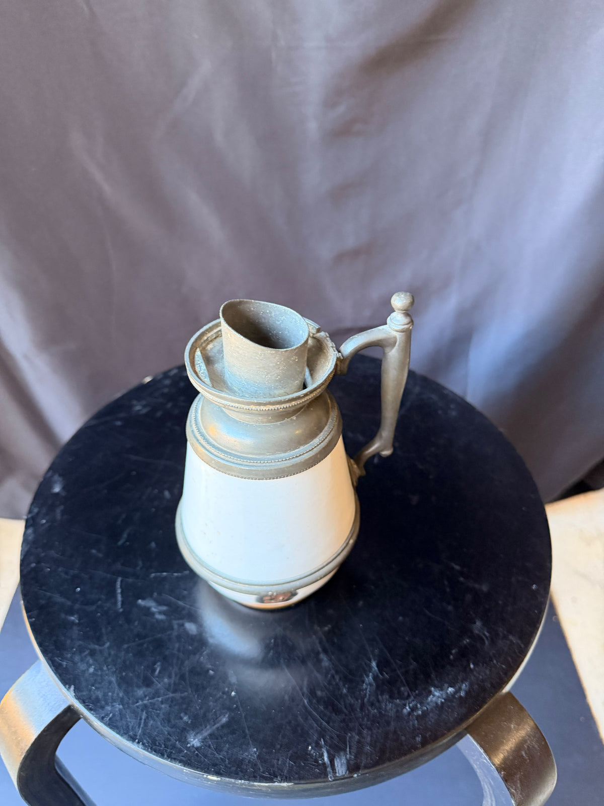Antique Victorian White Ceramic Pewter Mounted Syrup Pitcher 6.5in No Lid