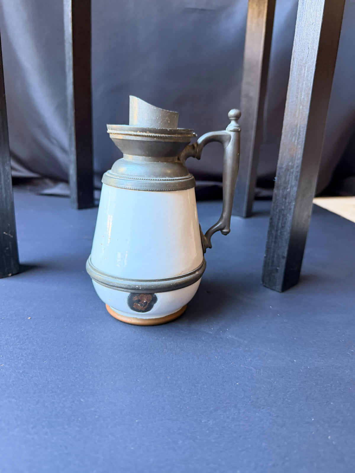 Antique Victorian White Ceramic Pewter Mounted Syrup Pitcher 6.5in No Lid