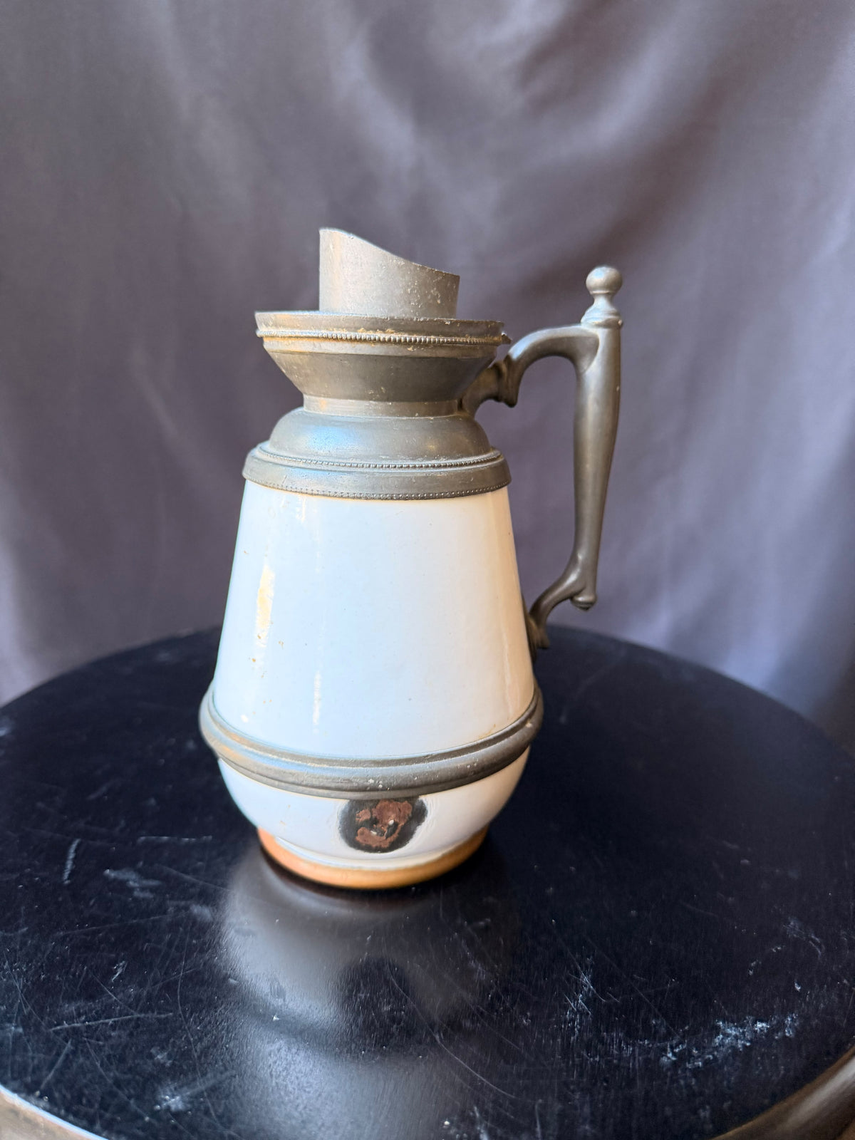 Antique Victorian White Ceramic Pewter Mounted Syrup Pitcher 6.5in No Lid