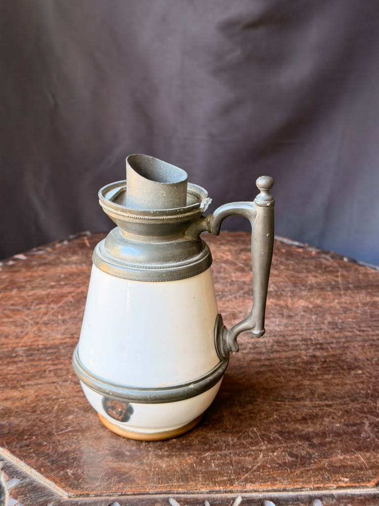 Antique Victorian White Ceramic Pewter Mounted Syrup Pitcher 6.5in No Lid