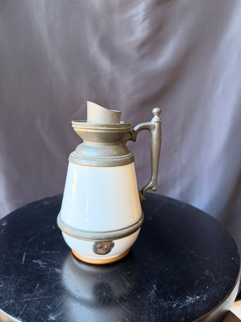 Antique Victorian White Ceramic Pewter Mounted Syrup Pitcher 6.5in No Lid