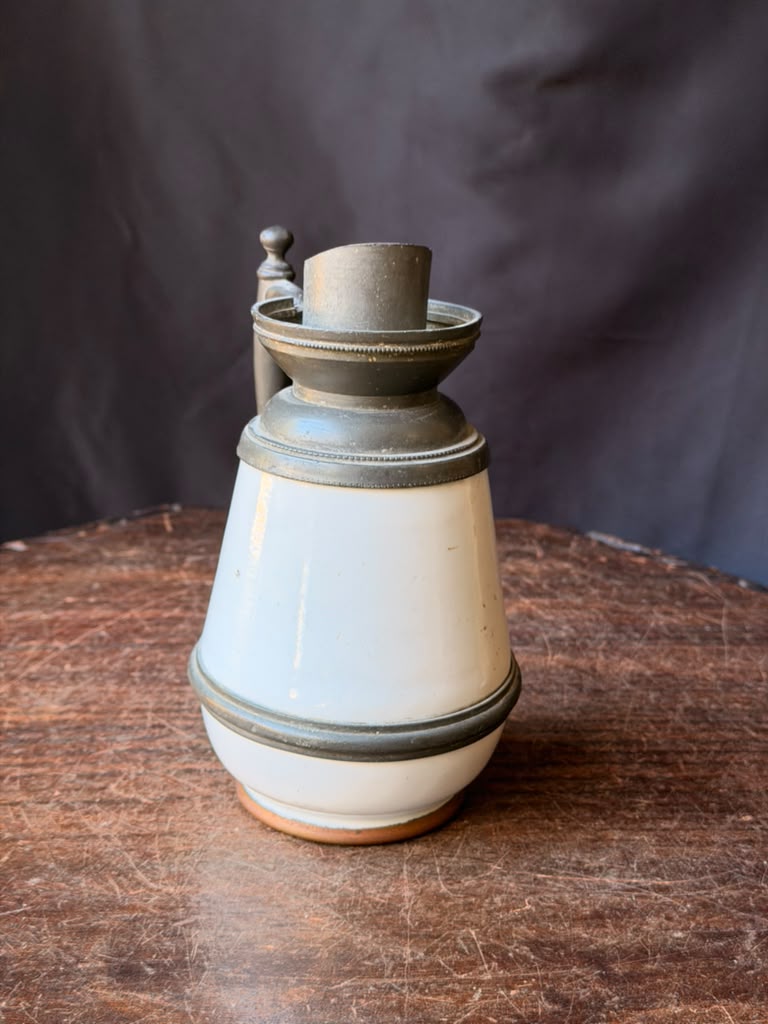 Antique Victorian White Ceramic Pewter Mounted Syrup Pitcher 6.5in No Lid