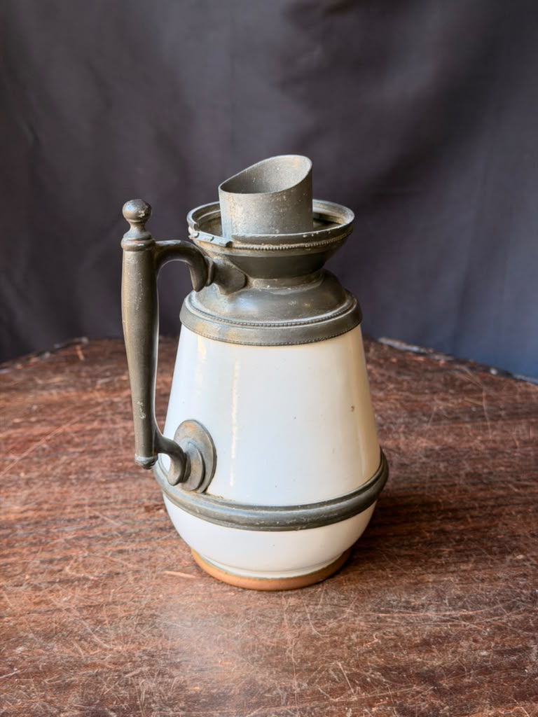 Antique Victorian White Ceramic Pewter Mounted Syrup Pitcher 6.5in No Lid