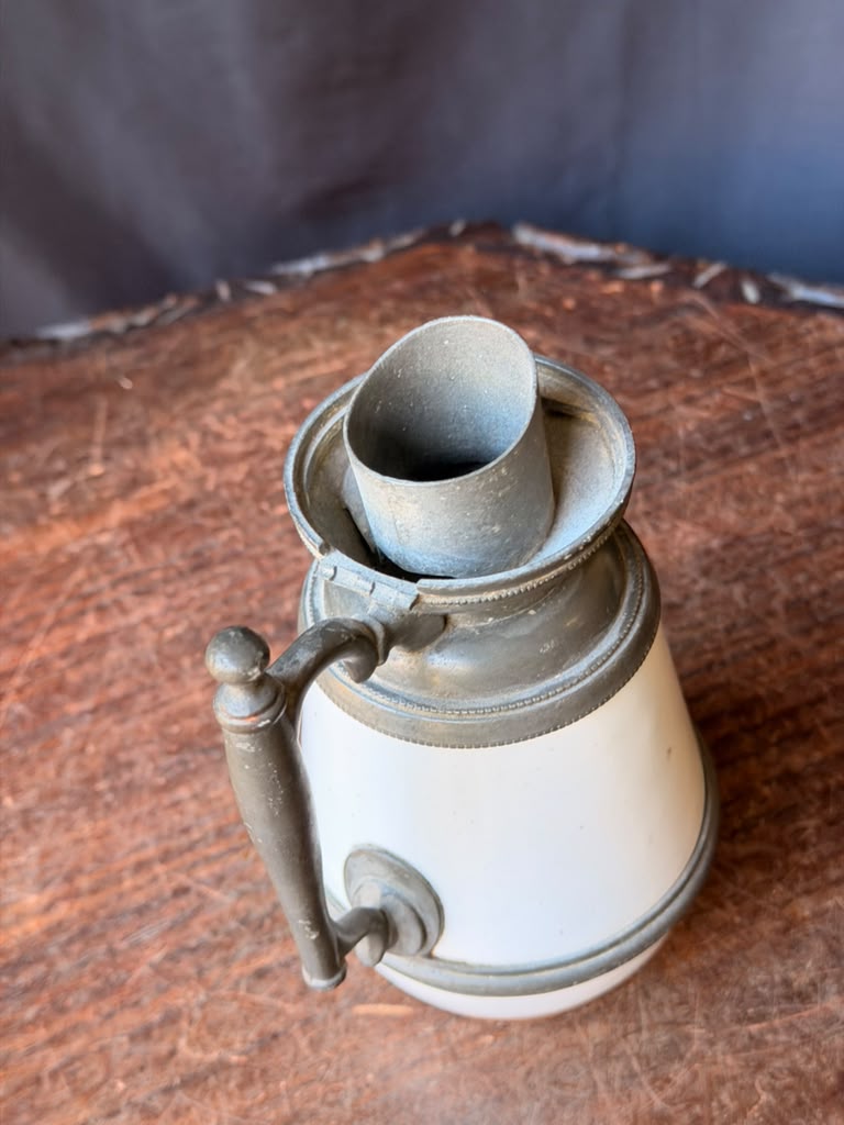 Antique Victorian White Ceramic Pewter Mounted Syrup Pitcher 6.5in No Lid