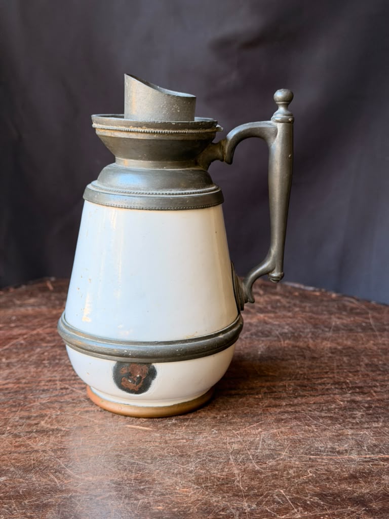 Antique Victorian White Ceramic Pewter Mounted Syrup Pitcher 6.5in No Lid